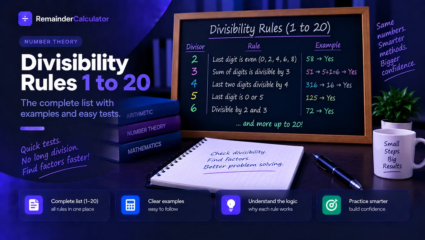 A classroom board listing the divisibility rules from 2 to 20 with worked checks: 58 for 2, 51 for 3, 316 for 4, 125 for 5 and 72 for 6