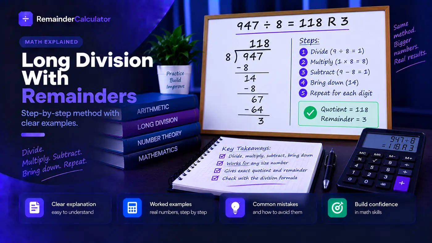 The long division tableau for 947 divided by 8, giving quotient 118 and remainder 3